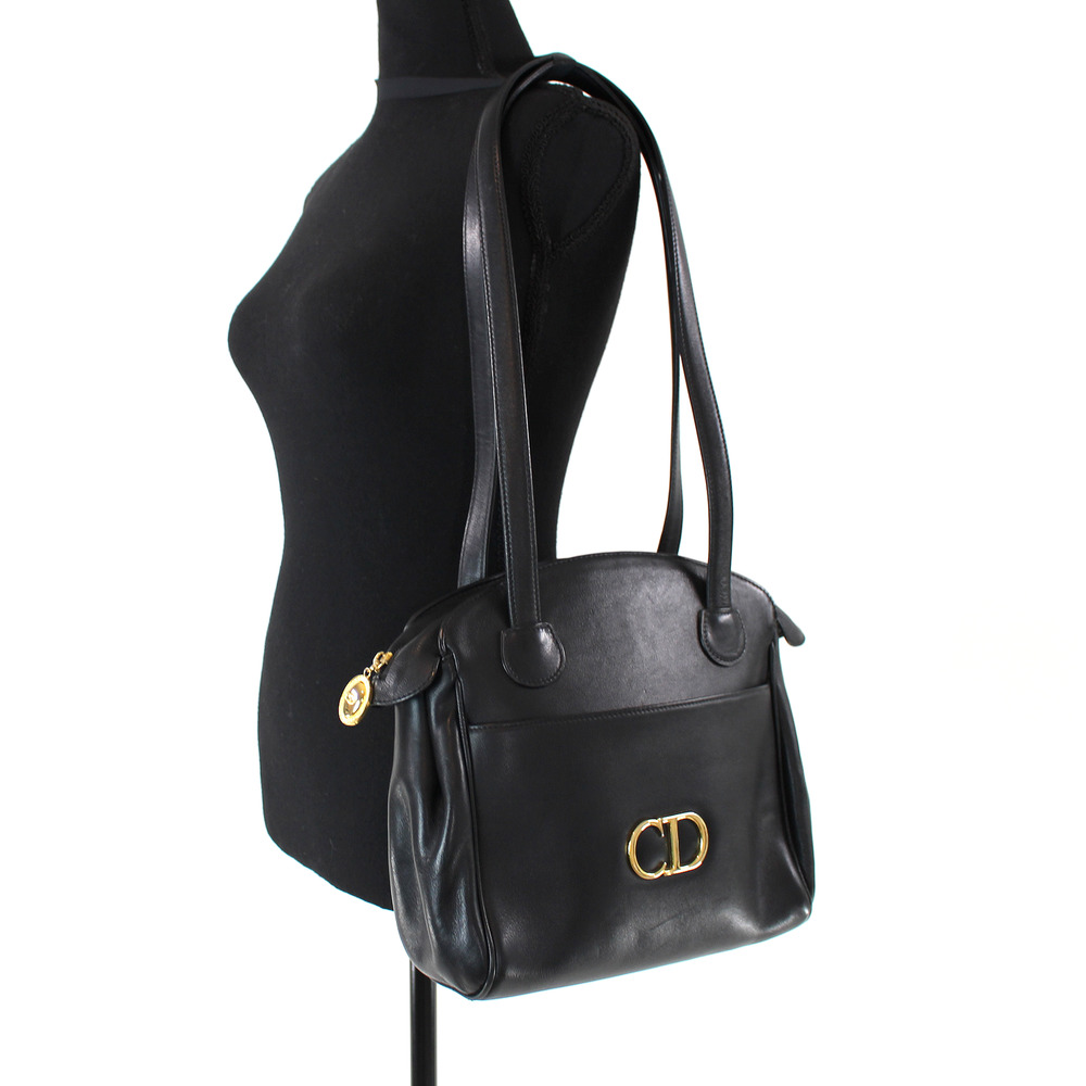 Christian Dior Black Smooth Leather Gold CD Logo Zip Shoulder Bag Sac Cabas Tote - Picture 2 of 8